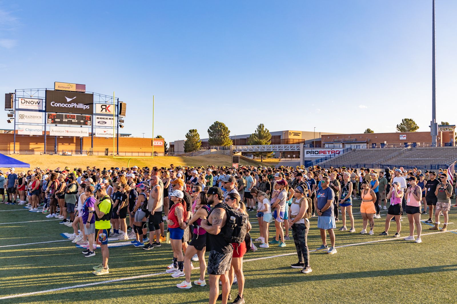 Hundreds of climbers gathered on the stadium field