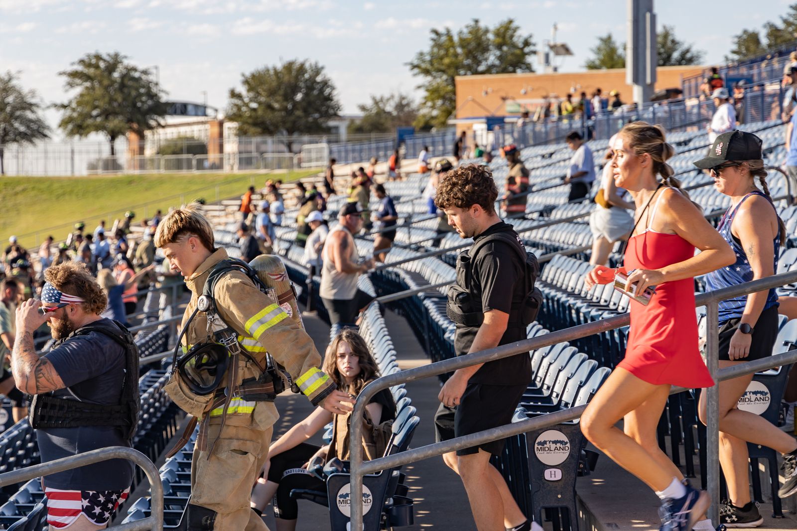 Climbers filling the stadium stairs